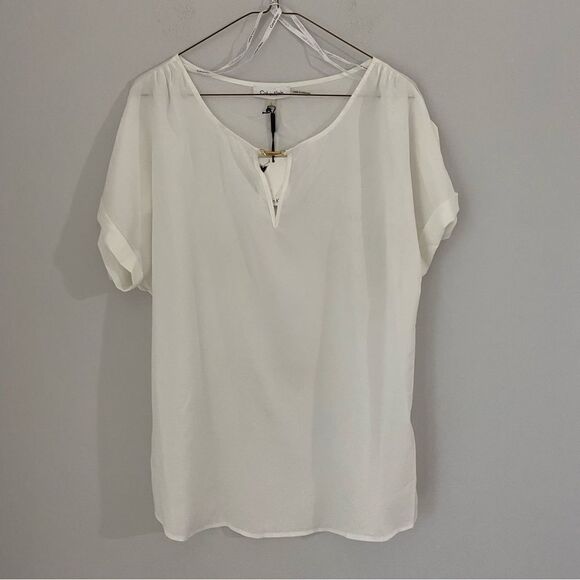 Calvin Klein Women’s Crew Neck Keyhole Opening Short Sleeve White Sheer Blouse - Picture 1 of 4